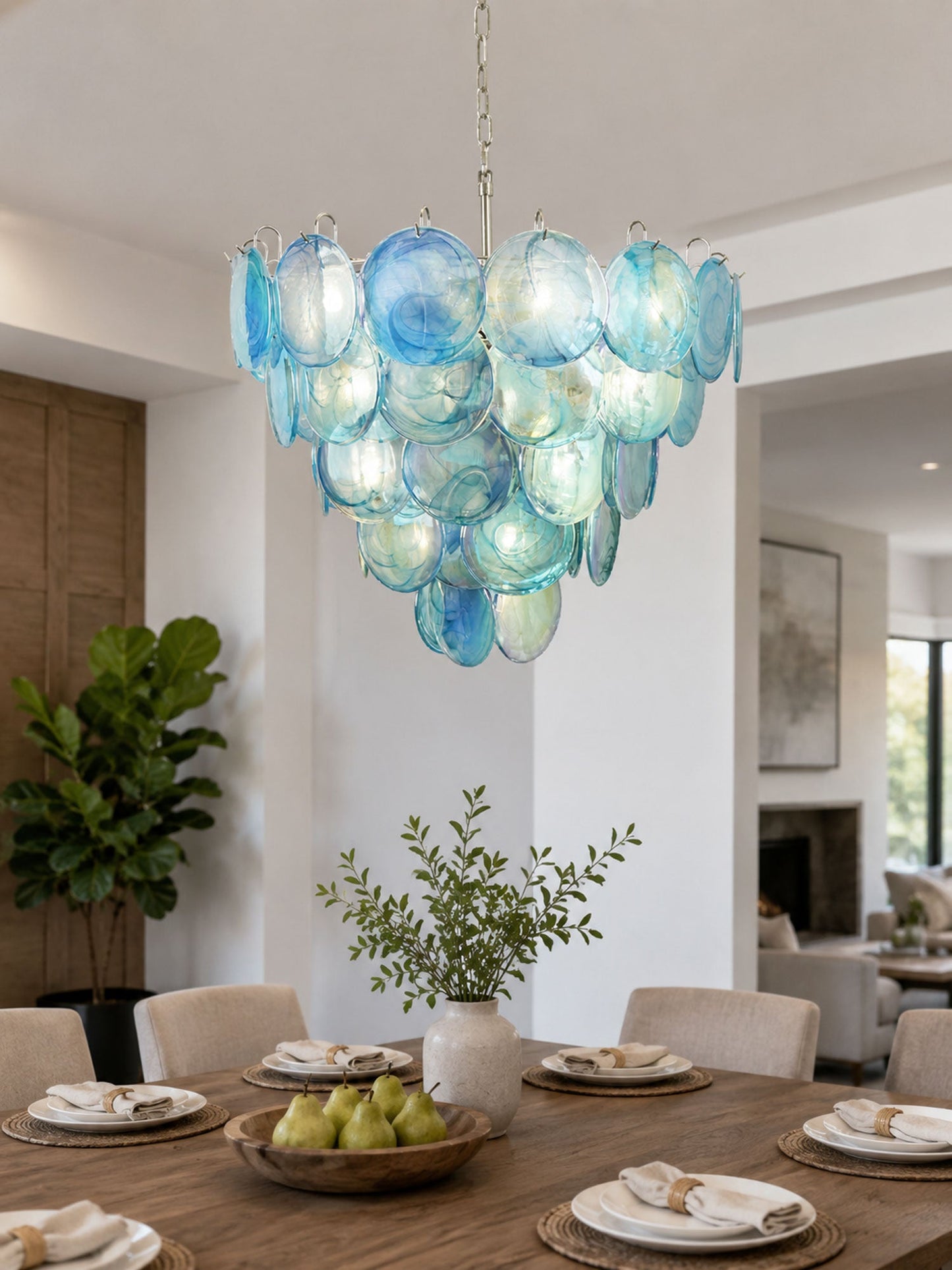 Elegant Blue Glass Disc Chandelier with Adjustable Height & LED Compat
