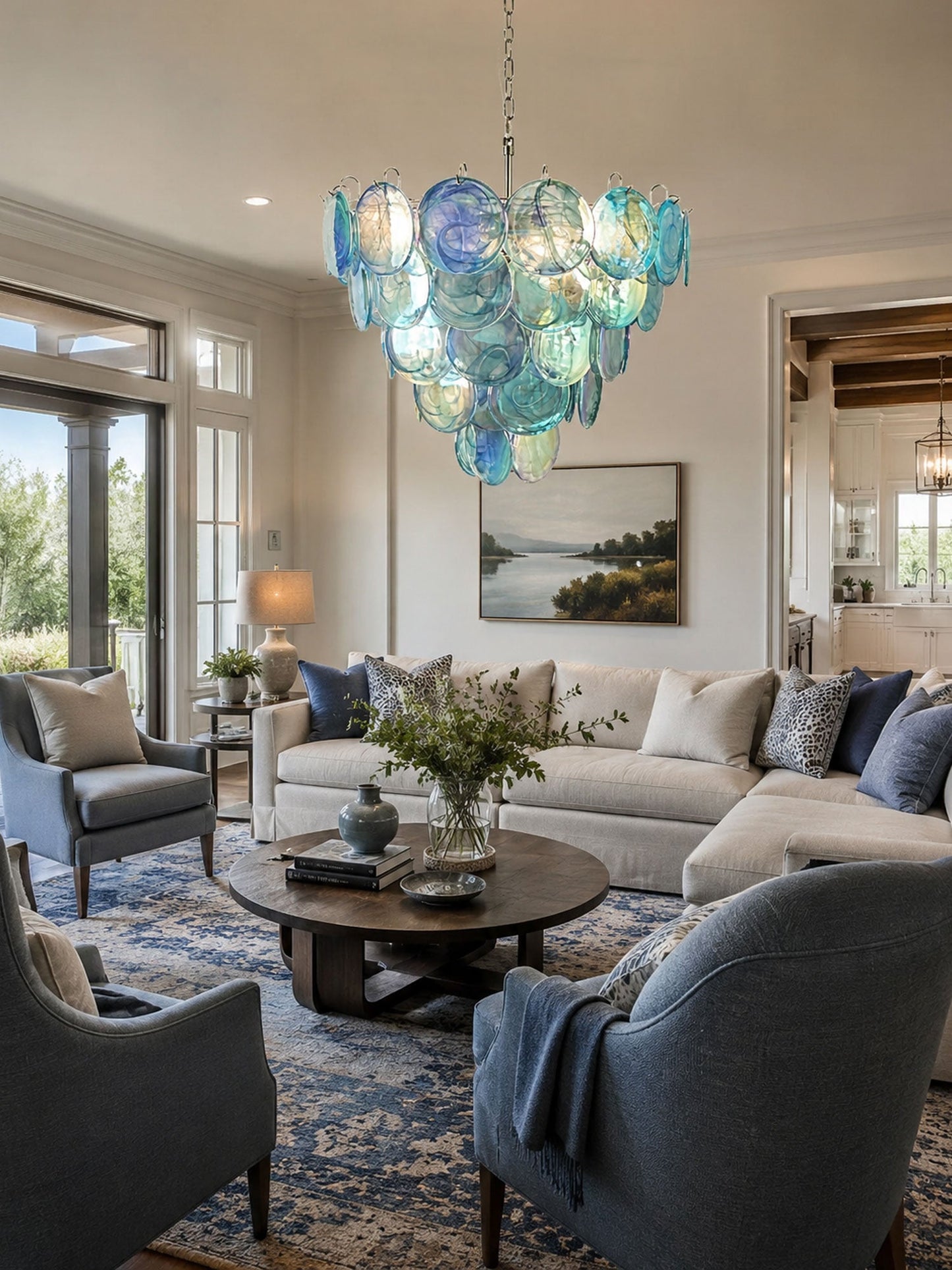 Elegant Blue Glass Disc Chandelier with Adjustable Height & LED Compat