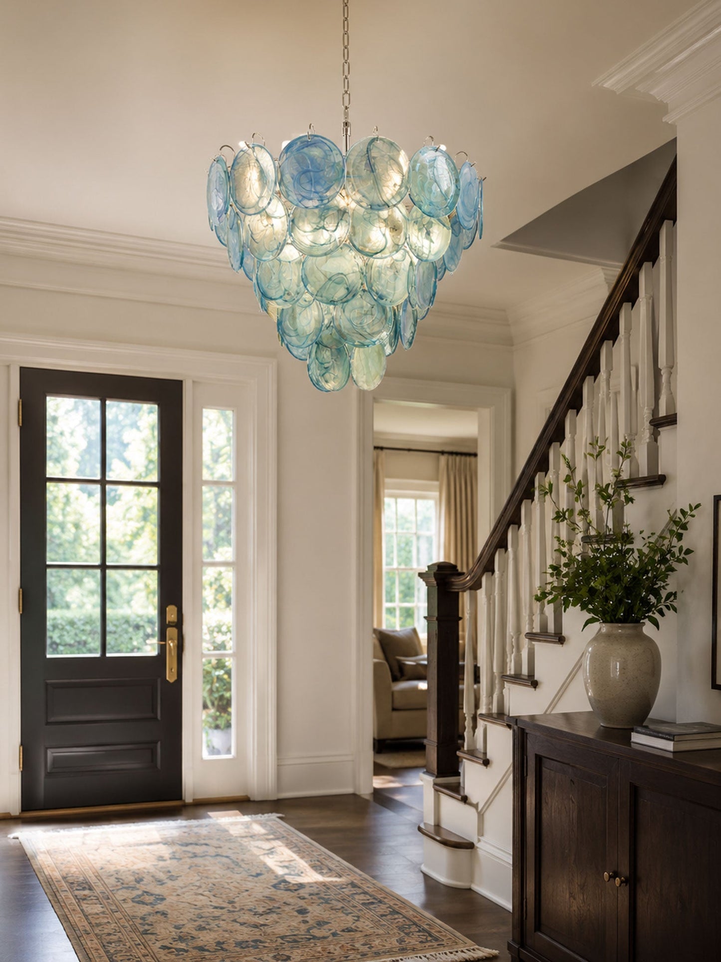 Elegant Blue Glass Disc Chandelier with Adjustable Height & LED Compat