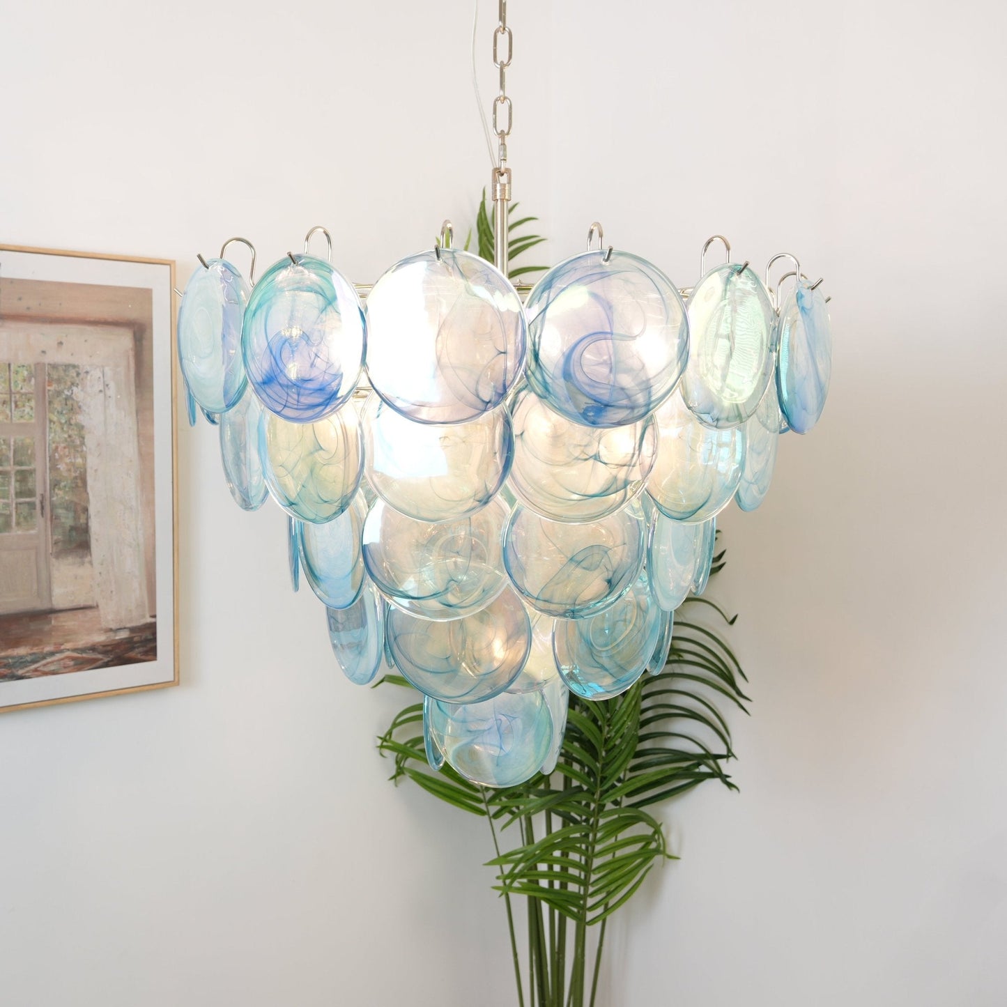 Elegant Blue Glass Disc Chandelier with Adjustable Height & LED Compat
