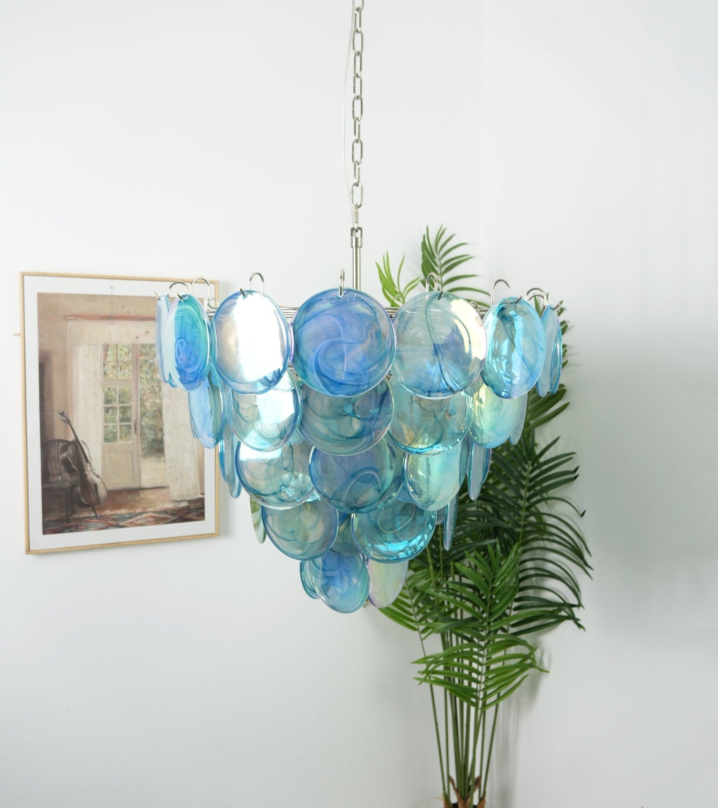 Elegant Blue Glass Disc Chandelier with Adjustable Height & LED Compat