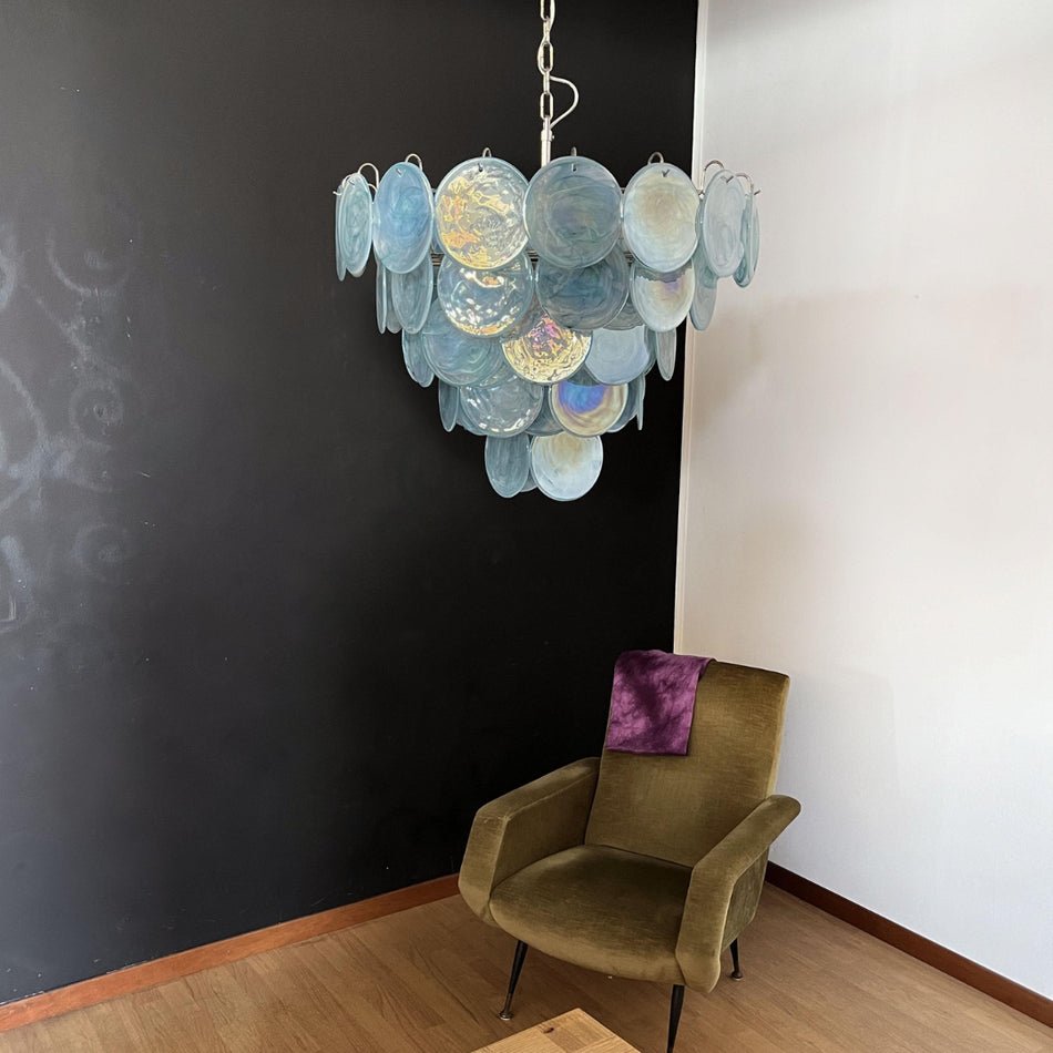 Elegant Blue Glass Disc Chandelier with Adjustable Height & LED Compat