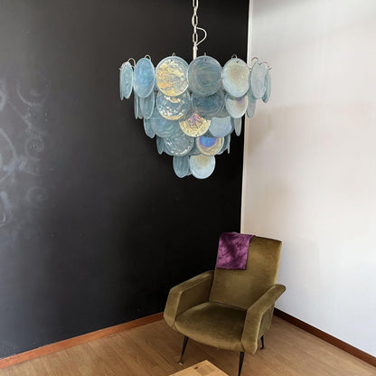 Elegant Blue Glass Disc Chandelier with Adjustable Height & LED Compat