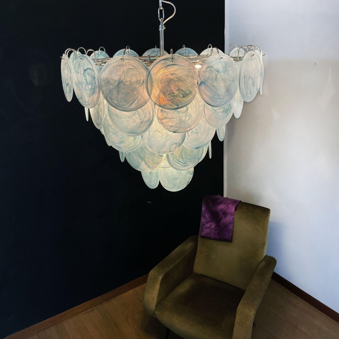 Elegant Blue Glass Disc Chandelier with Adjustable Height & LED Compat