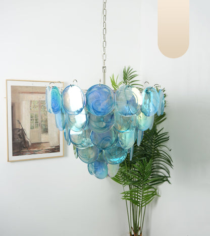 Elegant Blue Glass Disc Chandelier with Adjustable Height & LED Compat