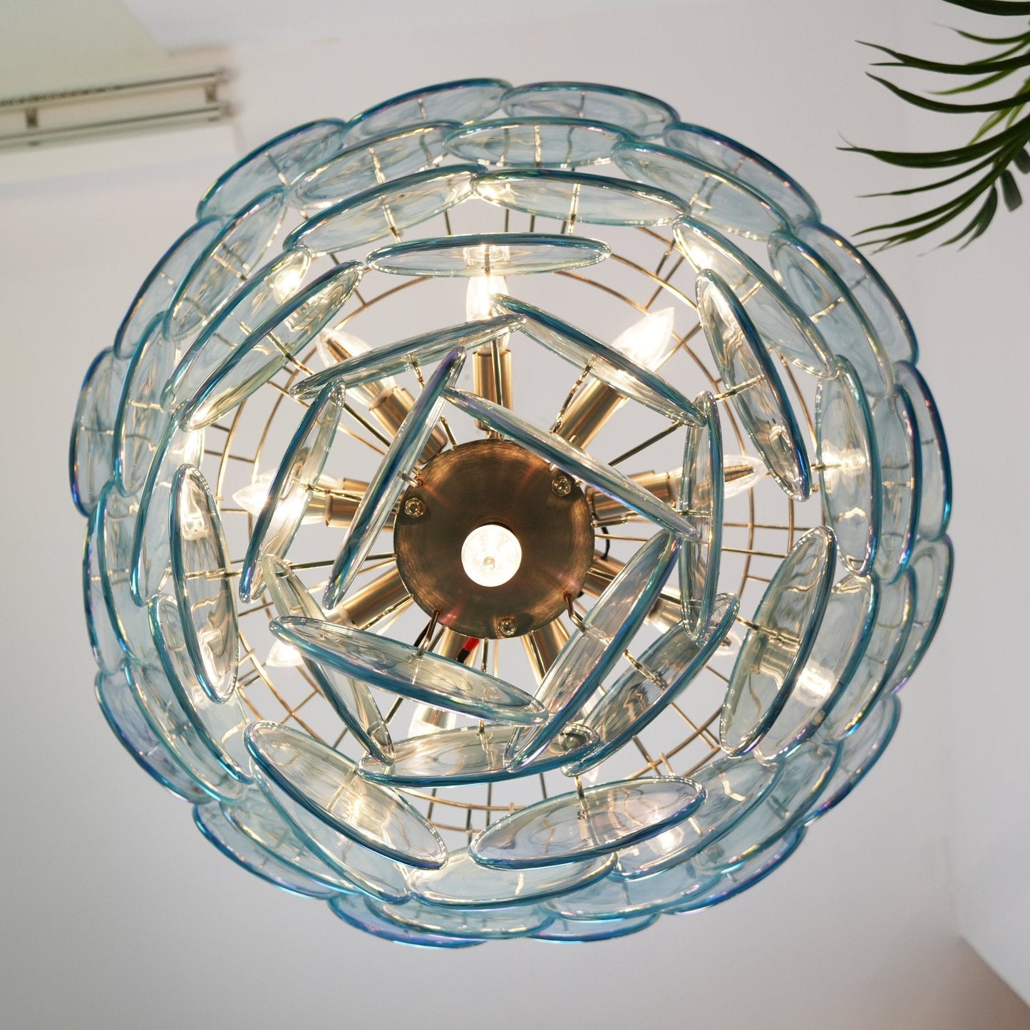 Elegant Blue Glass Disc Chandelier with Adjustable Height & LED Compat