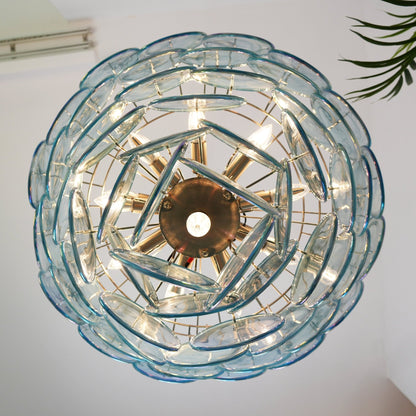 Elegant Blue Glass Disc Chandelier with Adjustable Height & LED Compat