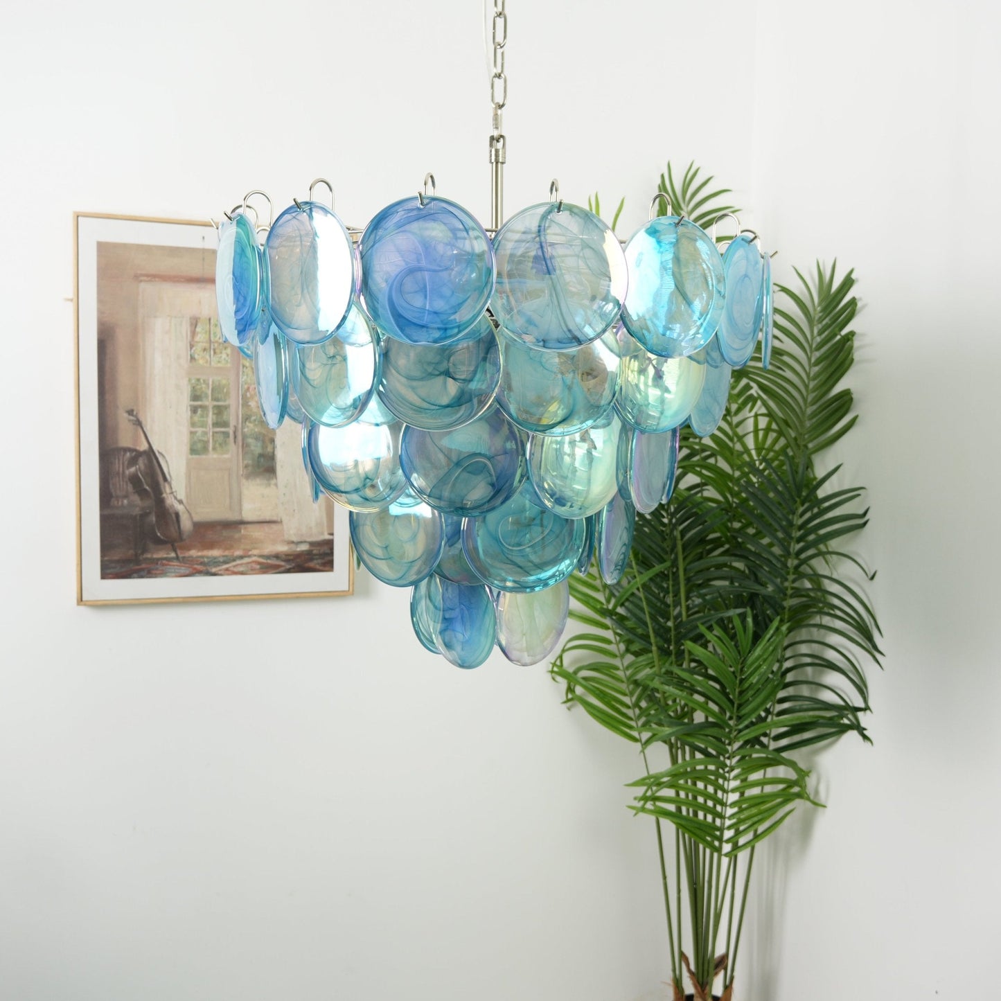 Elegant Blue Glass Disc Chandelier with Adjustable Height & LED Compat