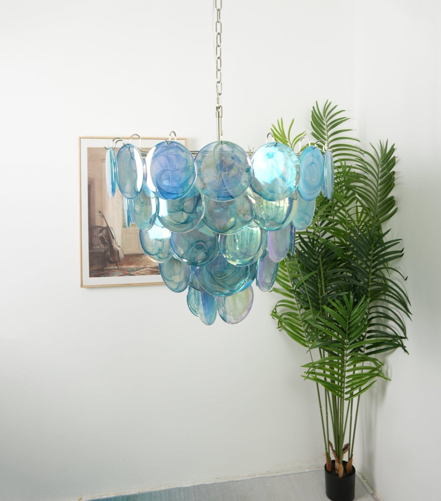 Elegant Blue Glass Disc Chandelier with Adjustable Height & LED Compat