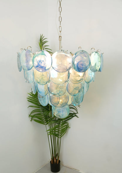 Elegant Blue Glass Disc Chandelier with Adjustable Height & LED Compat
