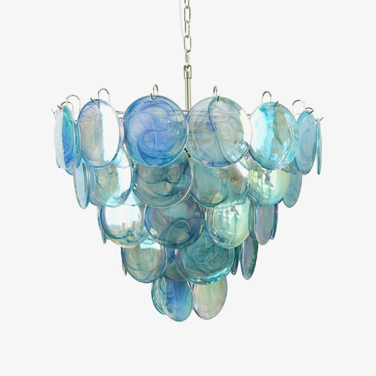 Elegant Blue Glass Disc Chandelier with Adjustable Height & LED Compat