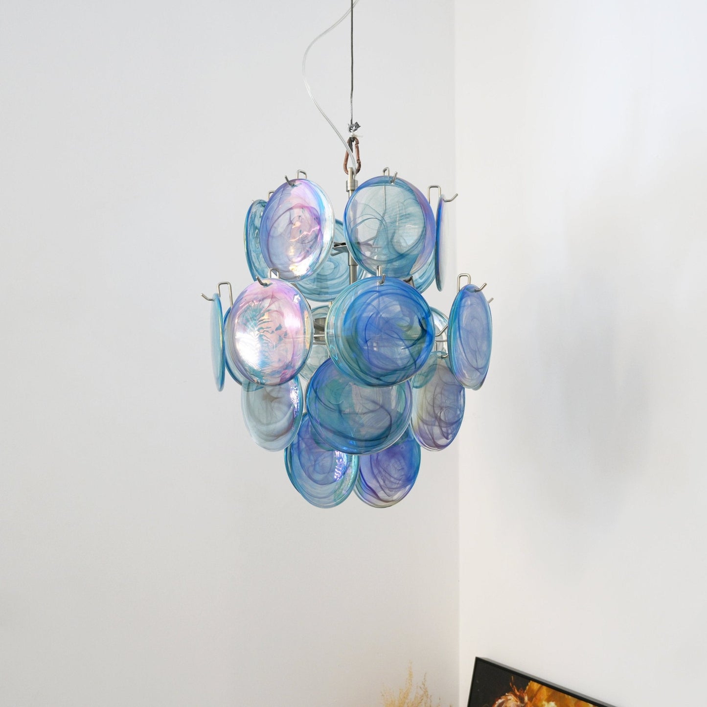 Elegant Blue Disc Glass Chandelier - Modern Design with Adjustable Hei
