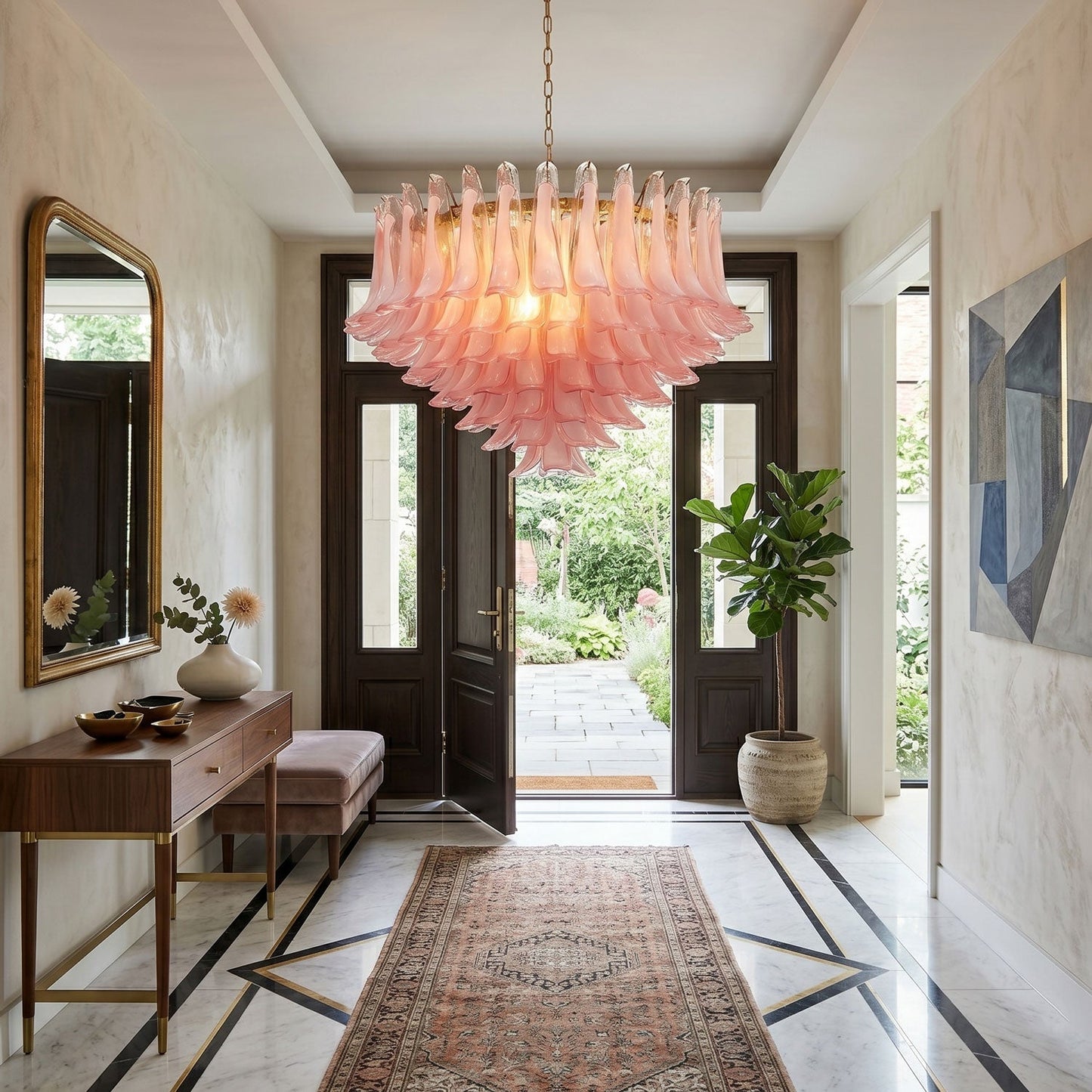 Elegant Blush Pink Glass Chandelier with Adjustable Height & LED Compa