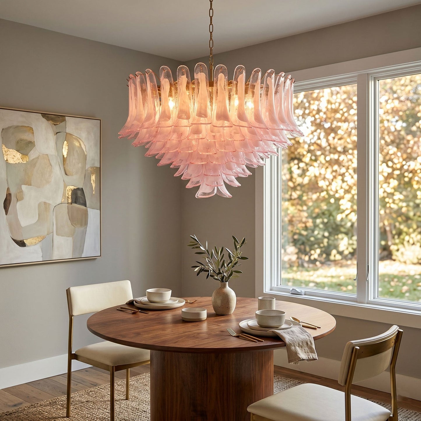 Elegant Blush Pink Glass Chandelier with Adjustable Height & LED Compa