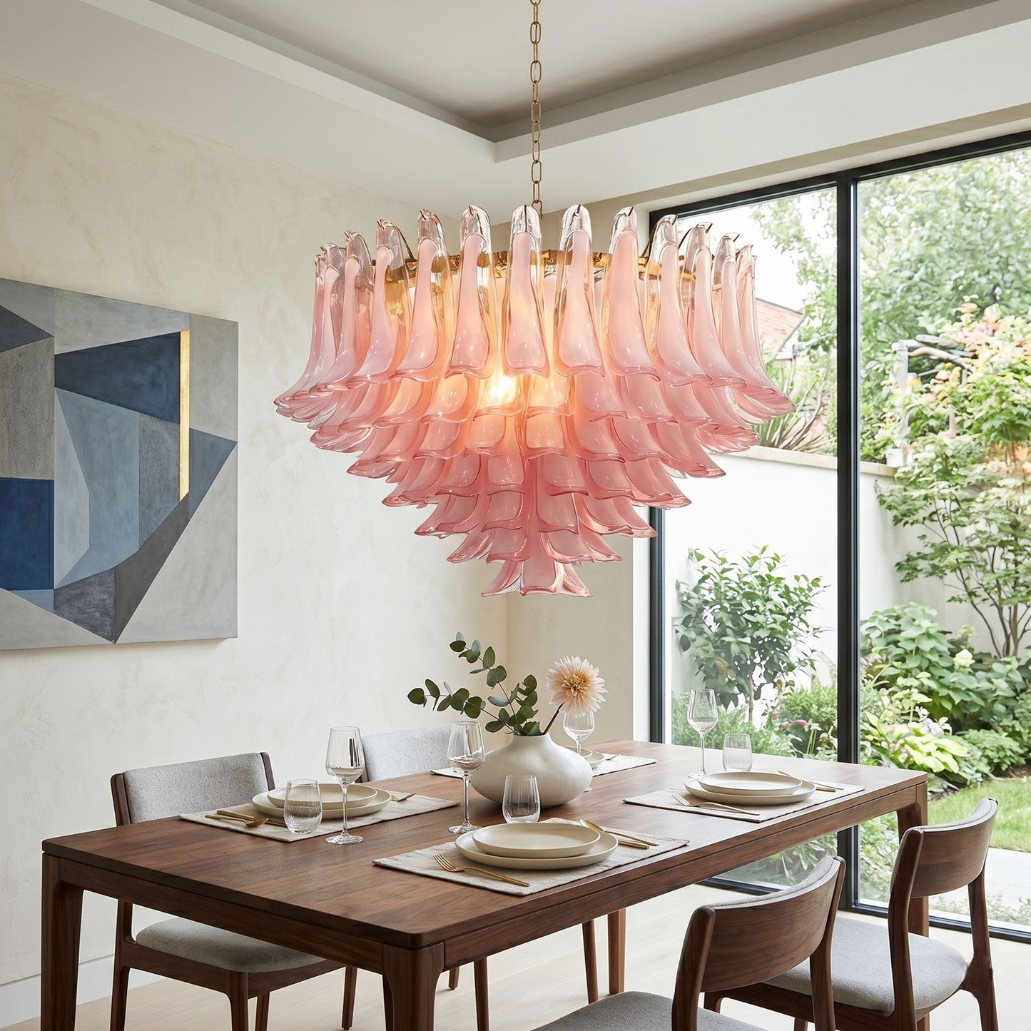Elegant Blush Pink Glass Chandelier with Adjustable Height & LED Compa