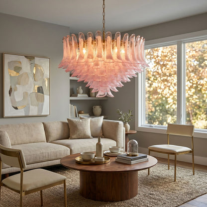 Elegant Blush Pink Glass Chandelier with Adjustable Height & LED Compa