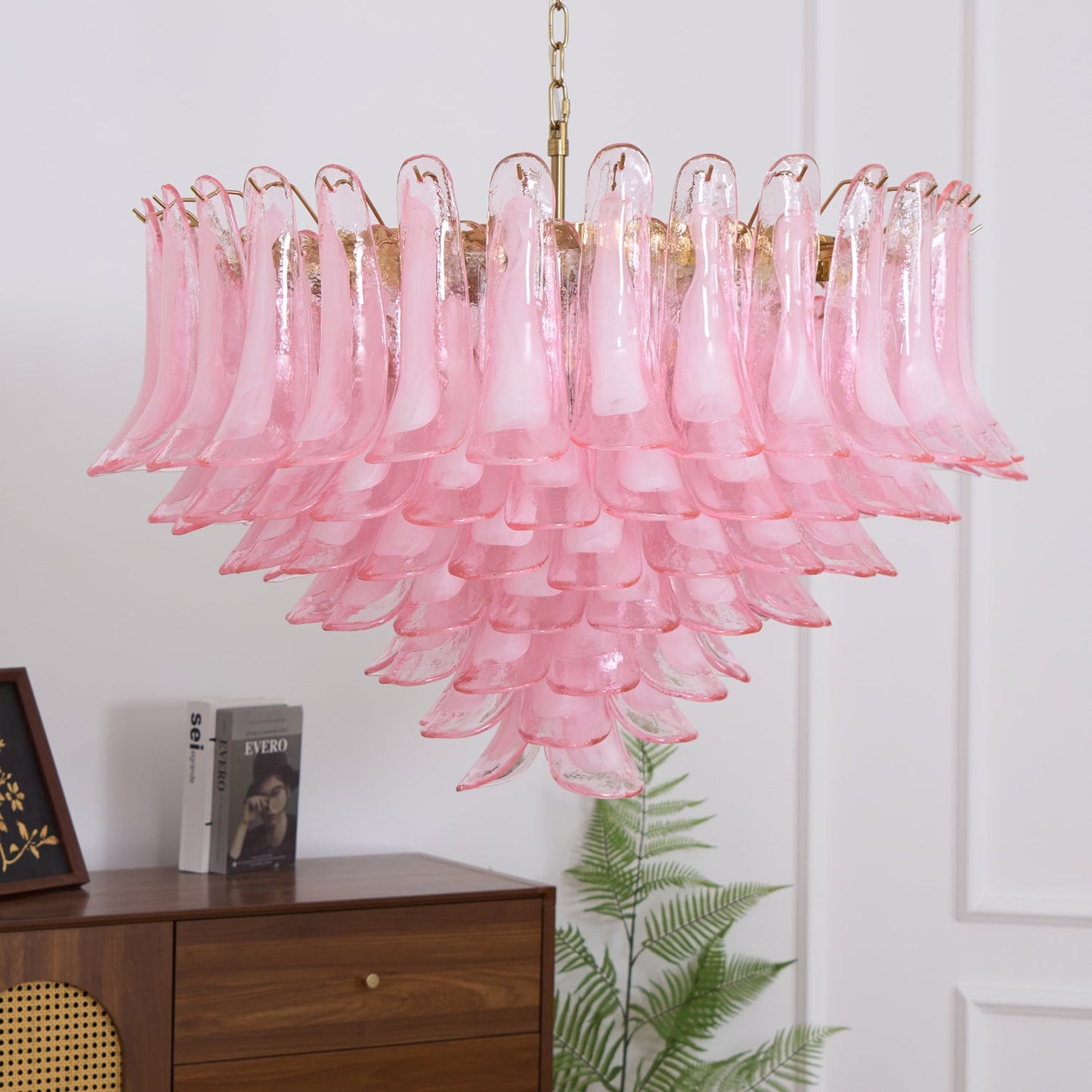 Elegant Blush Pink Glass Chandelier with Adjustable Height & LED Compa