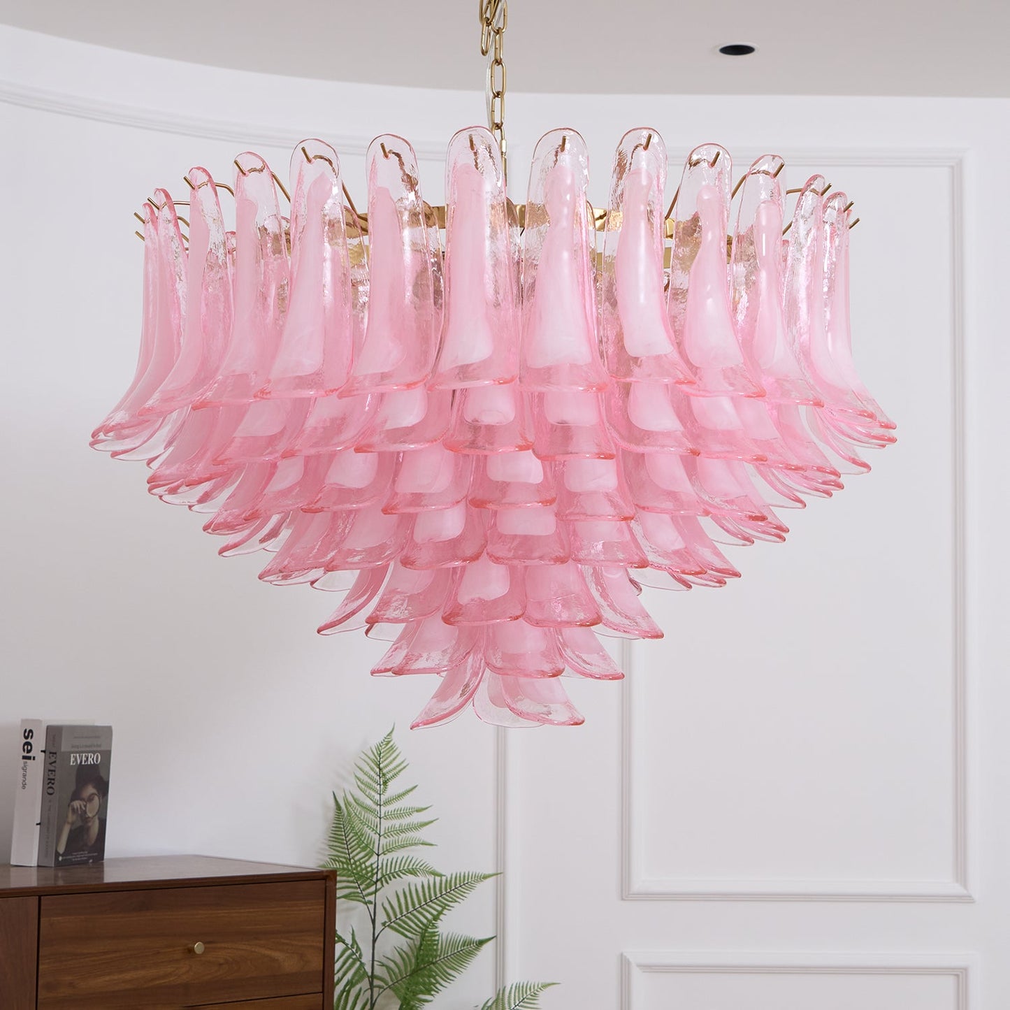 Elegant Blush Pink Glass Chandelier with Adjustable Height & LED Compa