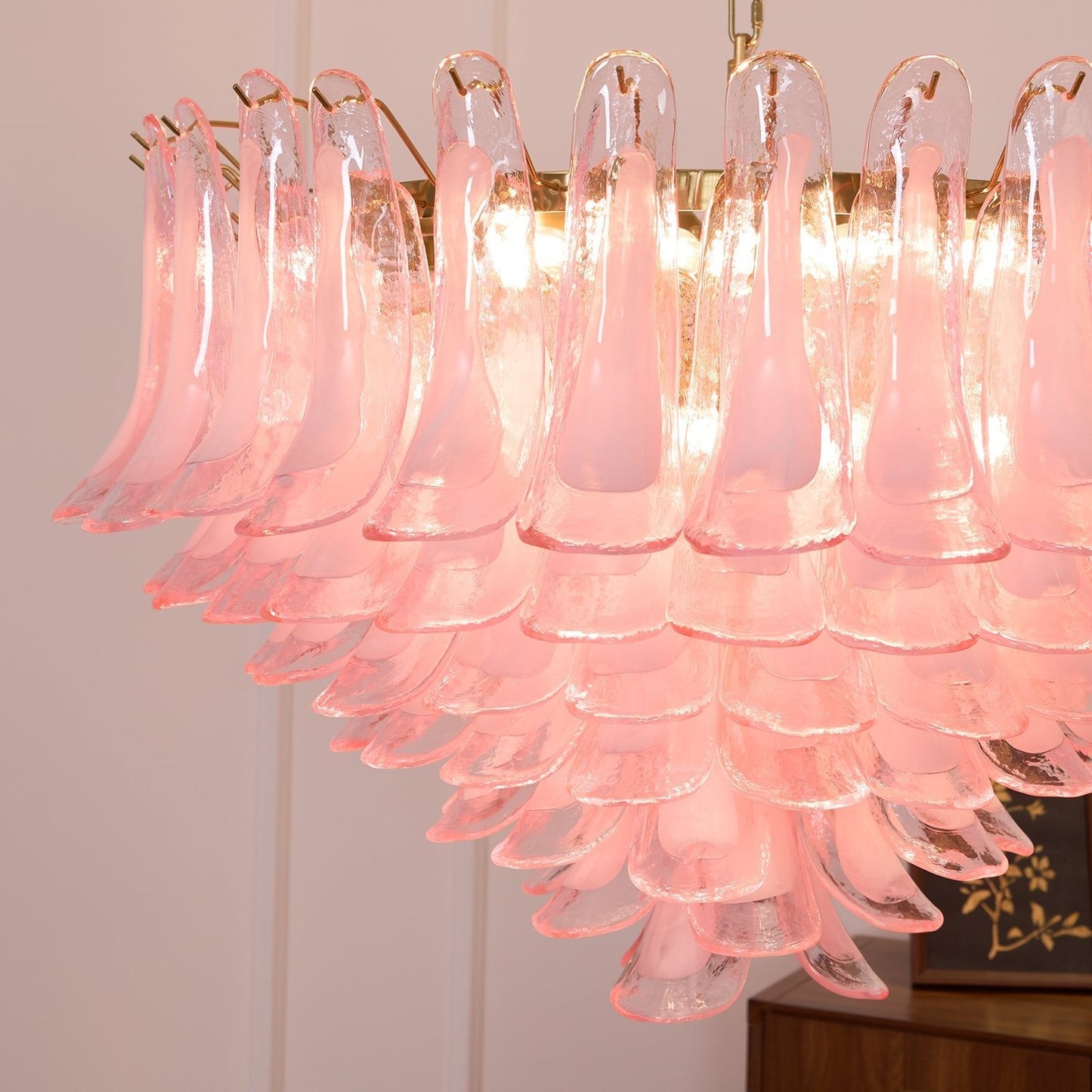 Elegant Blush Pink Glass Chandelier with Adjustable Height & LED Compa