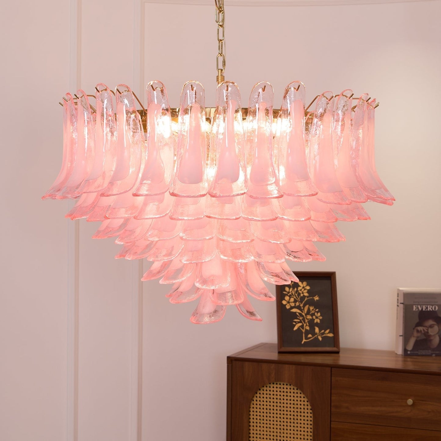 Elegant Blush Pink Glass Chandelier with Adjustable Height & LED Compa