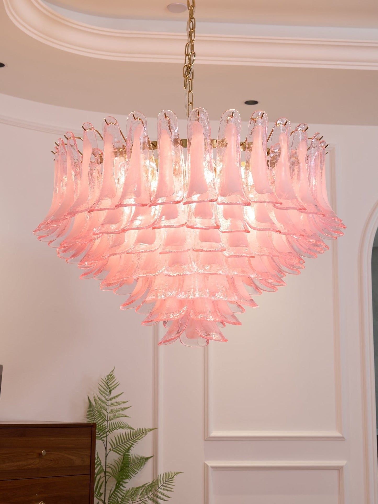 Elegant Blush Pink Glass Chandelier with Adjustable Height & LED Compa