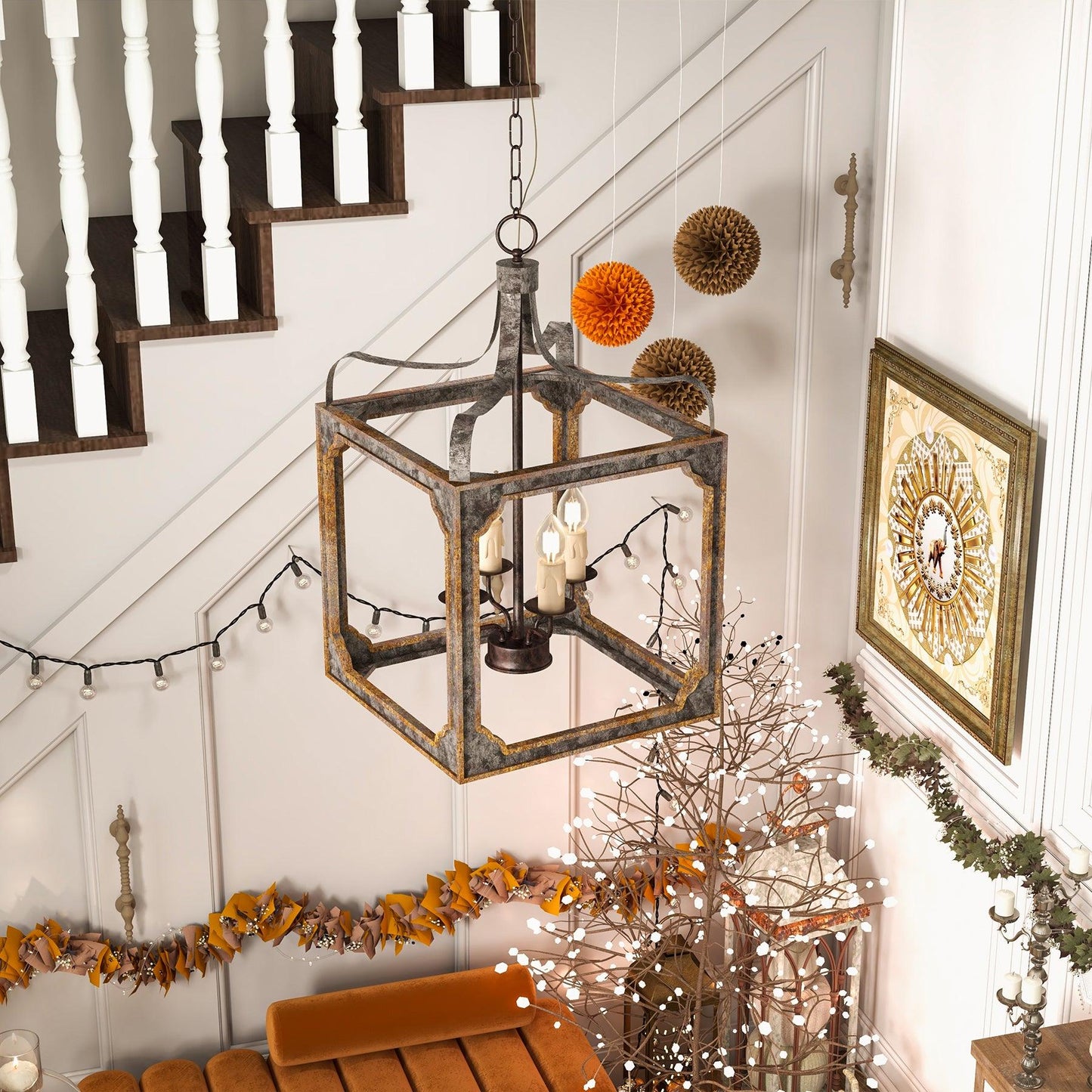 Boho Rustic Cube Chandelier with Adjustable Height & Energy-Efficient