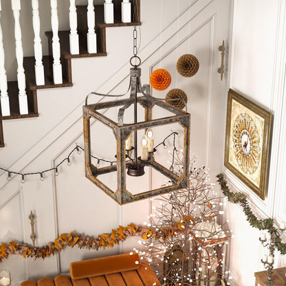 Boho Rustic Cube Chandelier with Adjustable Height & Energy-Efficient