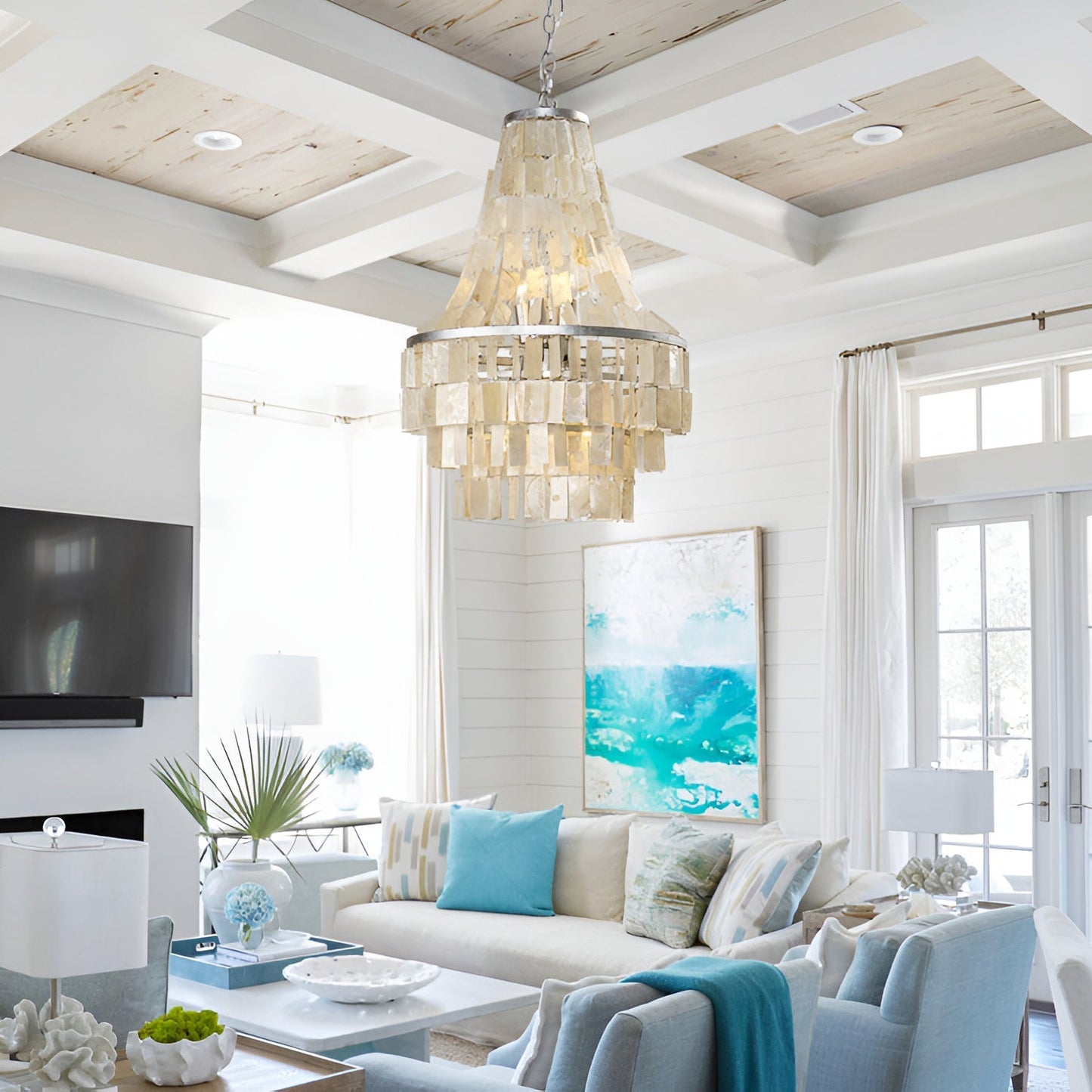 Elegant Boho Shell Tiered Chandelier - Coastal Decor, Adjustable Heigh
