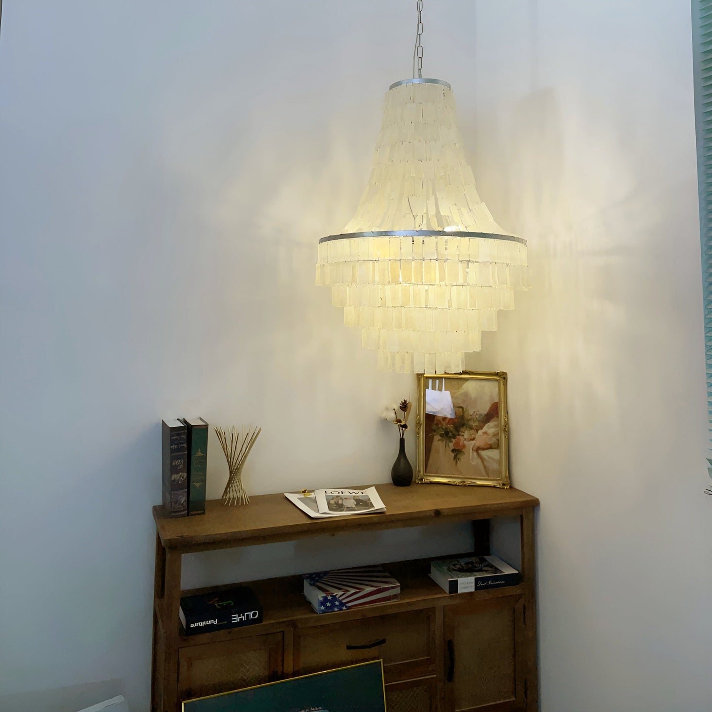 Elegant Boho Shell Tiered Chandelier - Coastal Decor, Adjustable Heigh