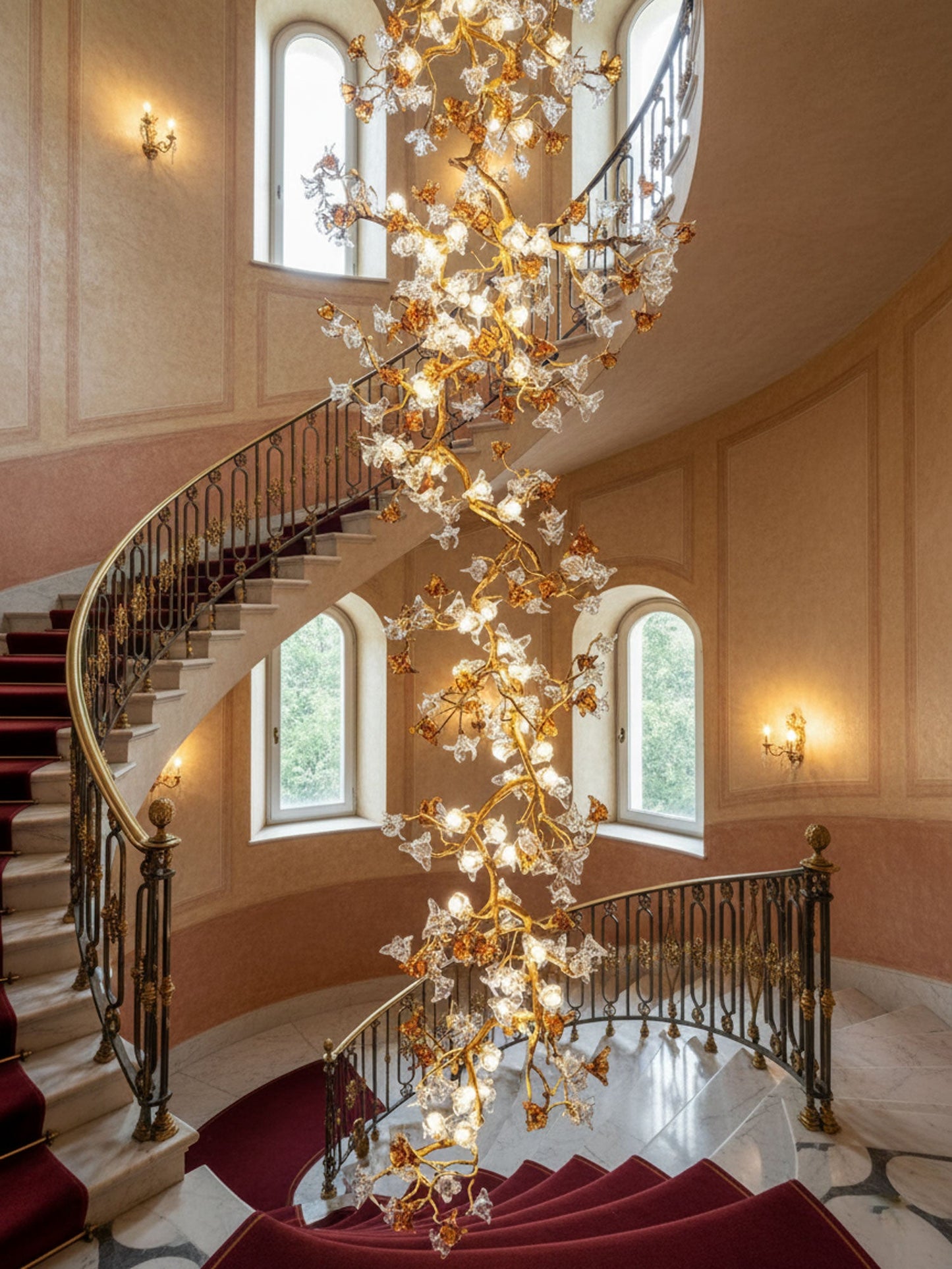 Elegant Brass Maple Branch Chandelier with Adjustable Height & LED Com