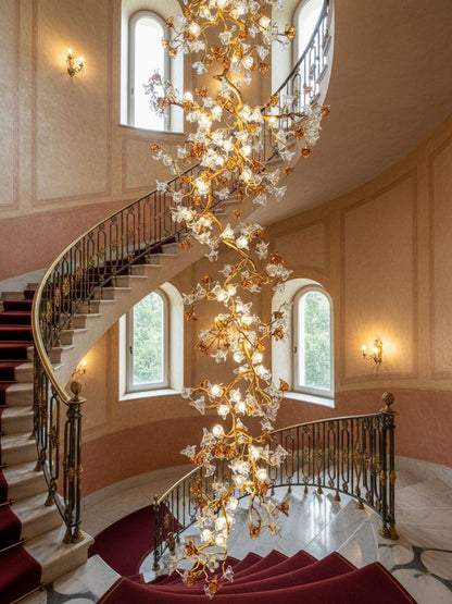 Elegant Brass Maple Branch Chandelier with Adjustable Height & LED Com