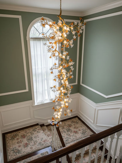 Elegant Brass Maple Branch Chandelier with Adjustable Height & LED Com