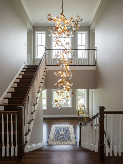 Elegant Brass Maple Branch Chandelier with Adjustable Height & LED Com
