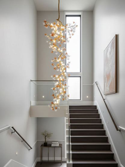 Elegant Brass Maple Branch Chandelier with Adjustable Height & LED Com