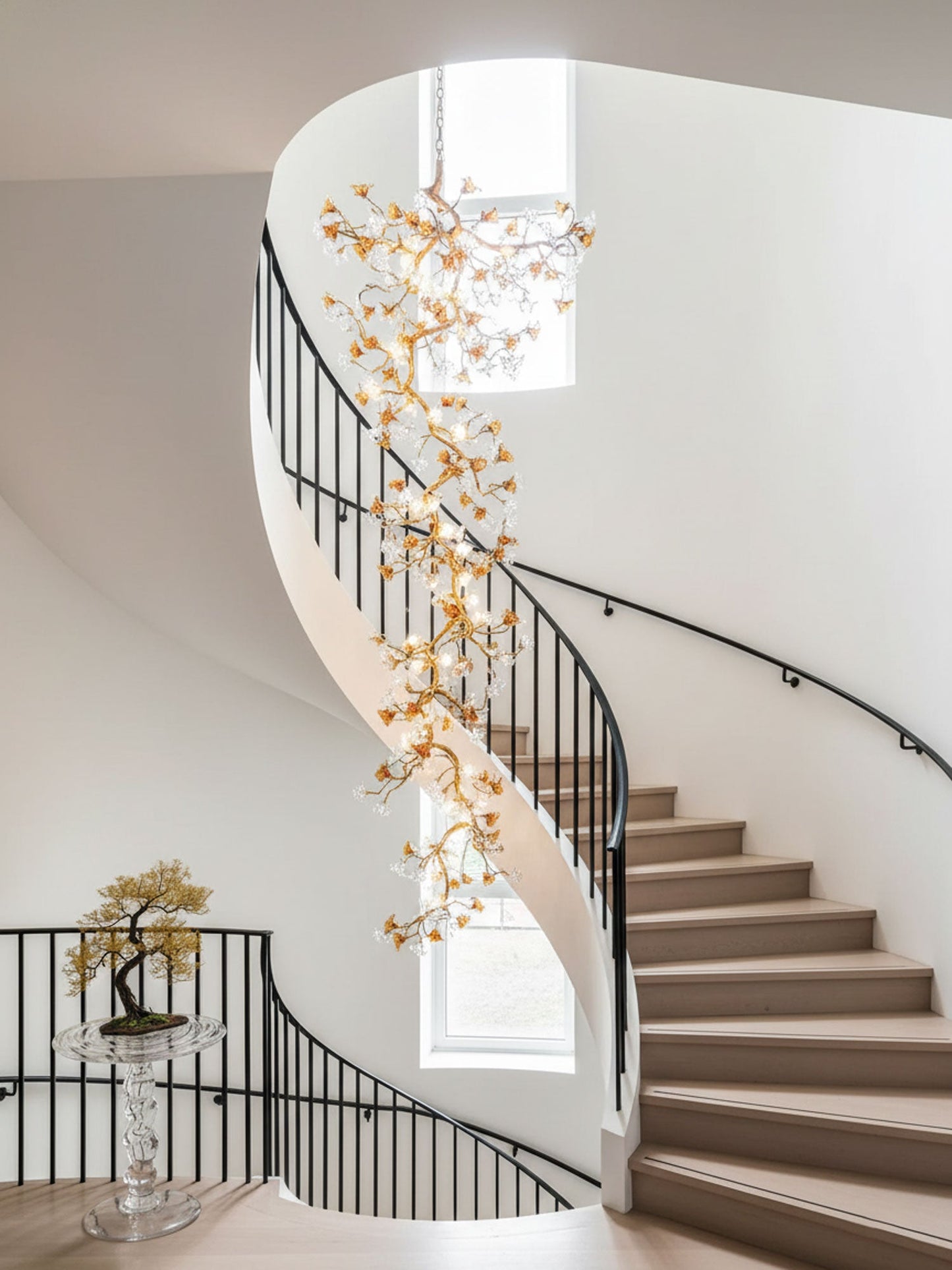 Elegant Brass Maple Branch Chandelier with Adjustable Height & LED Com