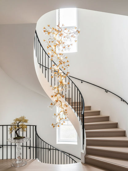 Elegant Brass Maple Branch Chandelier with Adjustable Height & LED Com