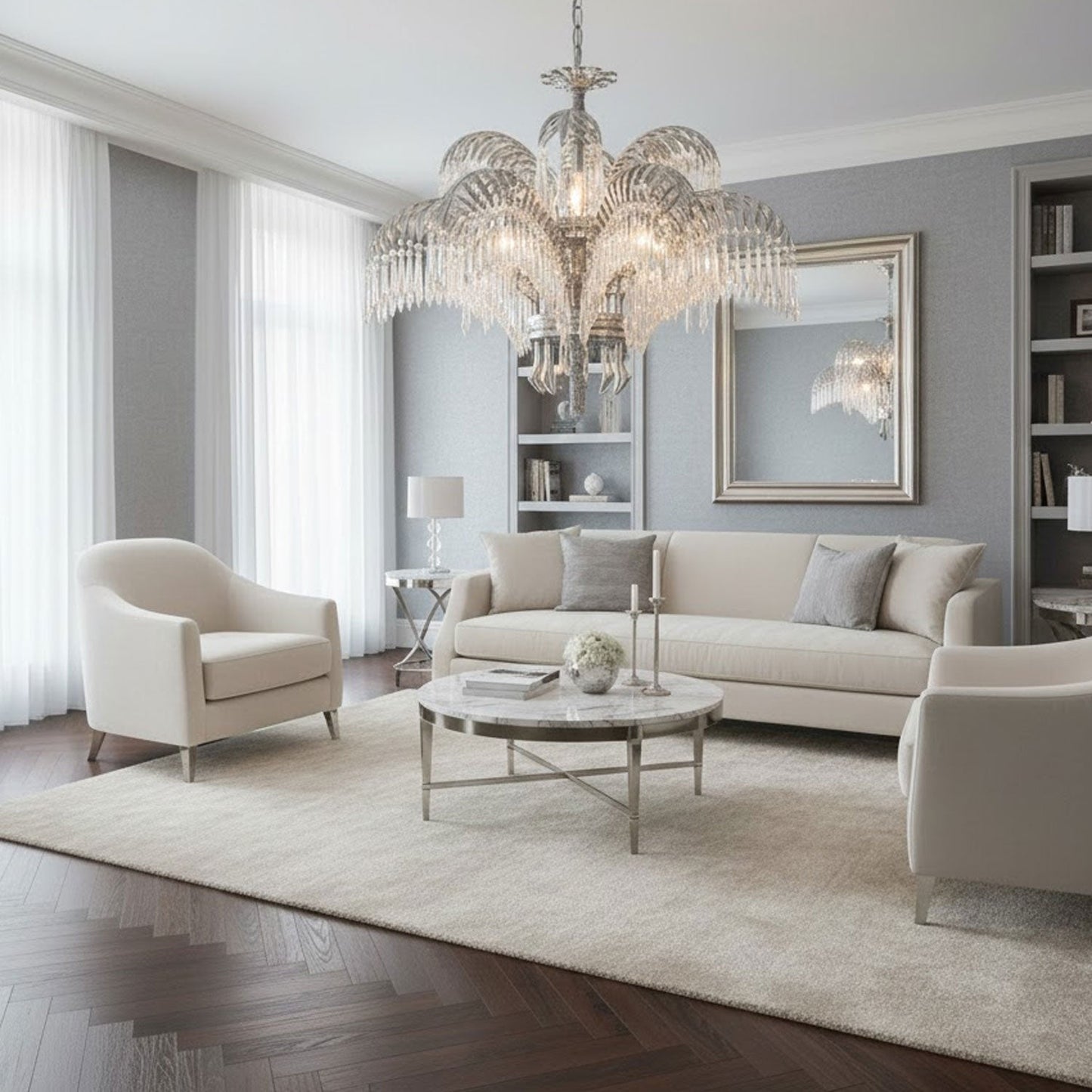 Elegant Brass Palm Leaf Crystal Chandelier with Adjustable Height & Di