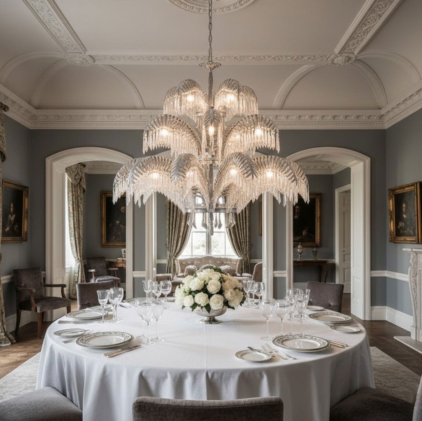 Elegant Brass Palm Leaf Crystal Chandelier with Adjustable Height & Di