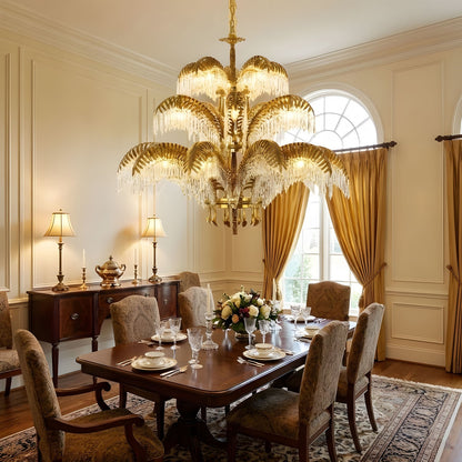 Elegant Brass Palm Leaf Crystal Chandelier with Adjustable Height & Di