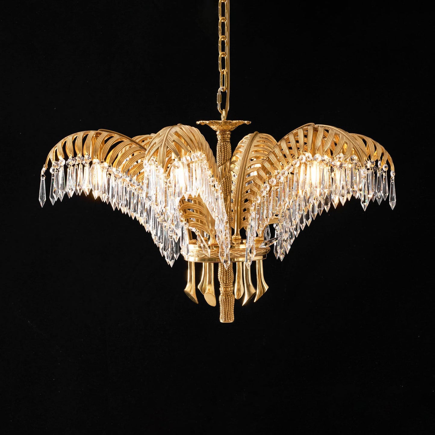 Elegant Brass Palm Leaf Crystal Chandelier with Adjustable Height & Di