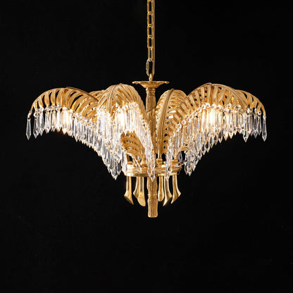 Elegant Brass Palm Leaf Crystal Chandelier with Adjustable Height & Di