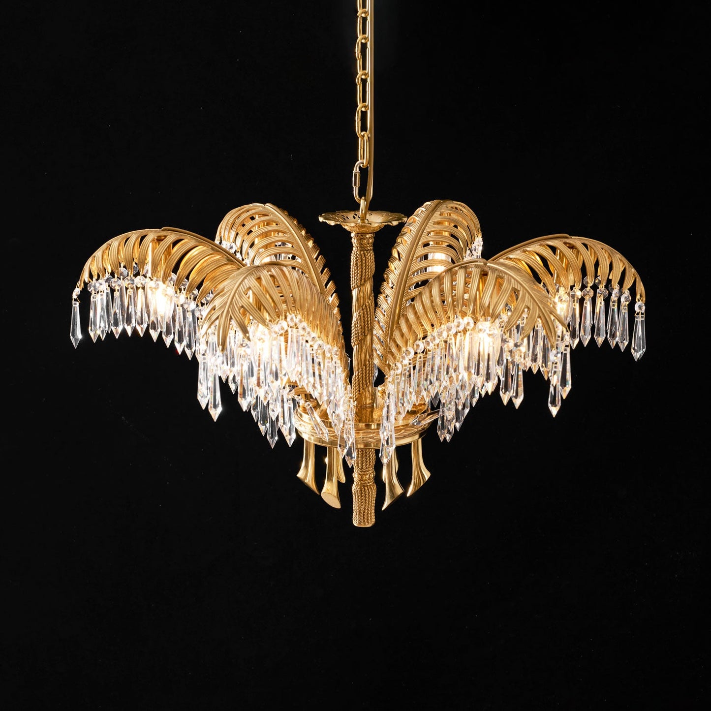 Elegant Brass Palm Leaf Crystal Chandelier with Adjustable Height & Di