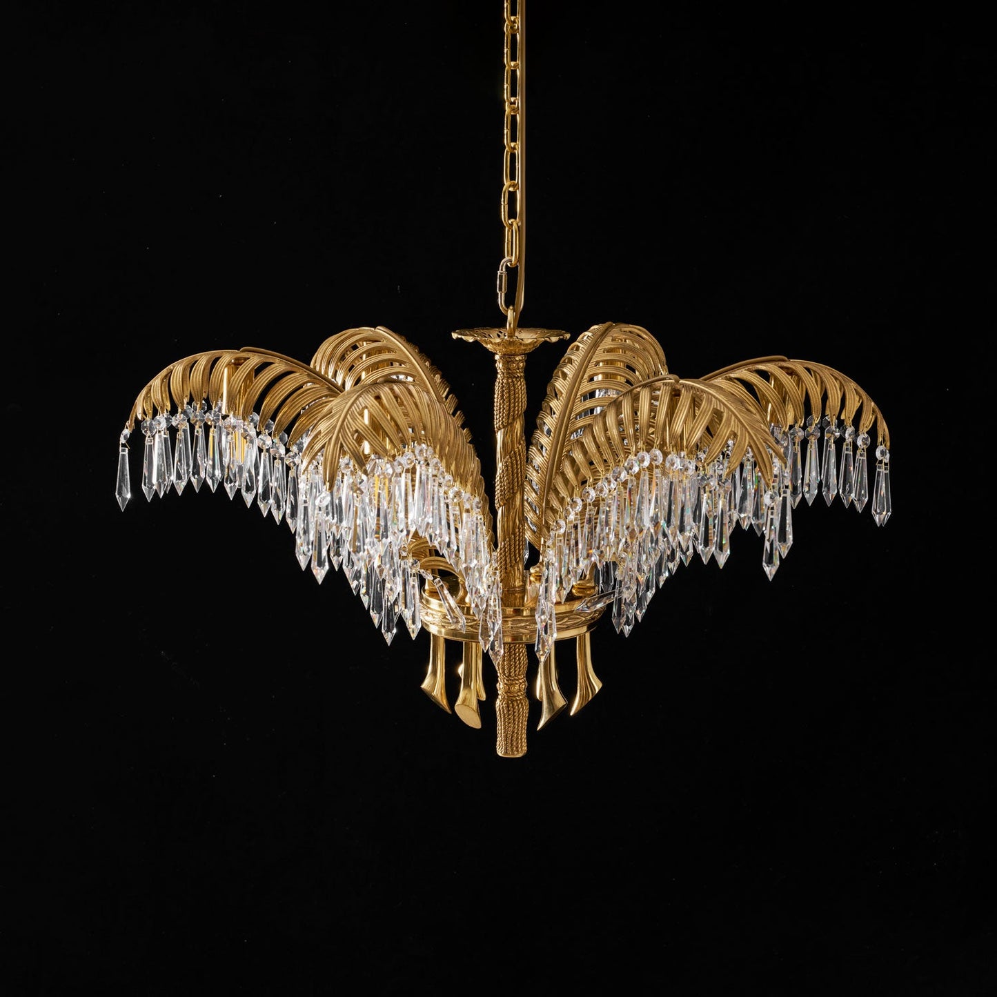 Elegant Brass Palm Leaf Crystal Chandelier with Adjustable Height & Di