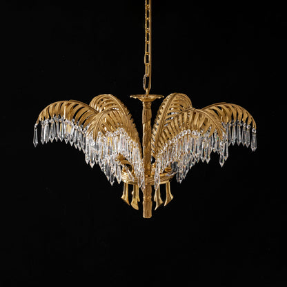 Elegant Brass Palm Leaf Crystal Chandelier with Adjustable Height & Di