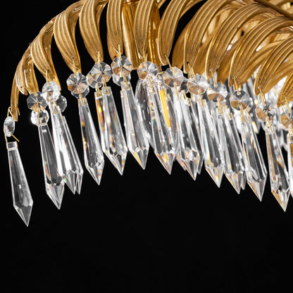 Elegant Brass Palm Leaf Crystal Chandelier with Adjustable Height & Di