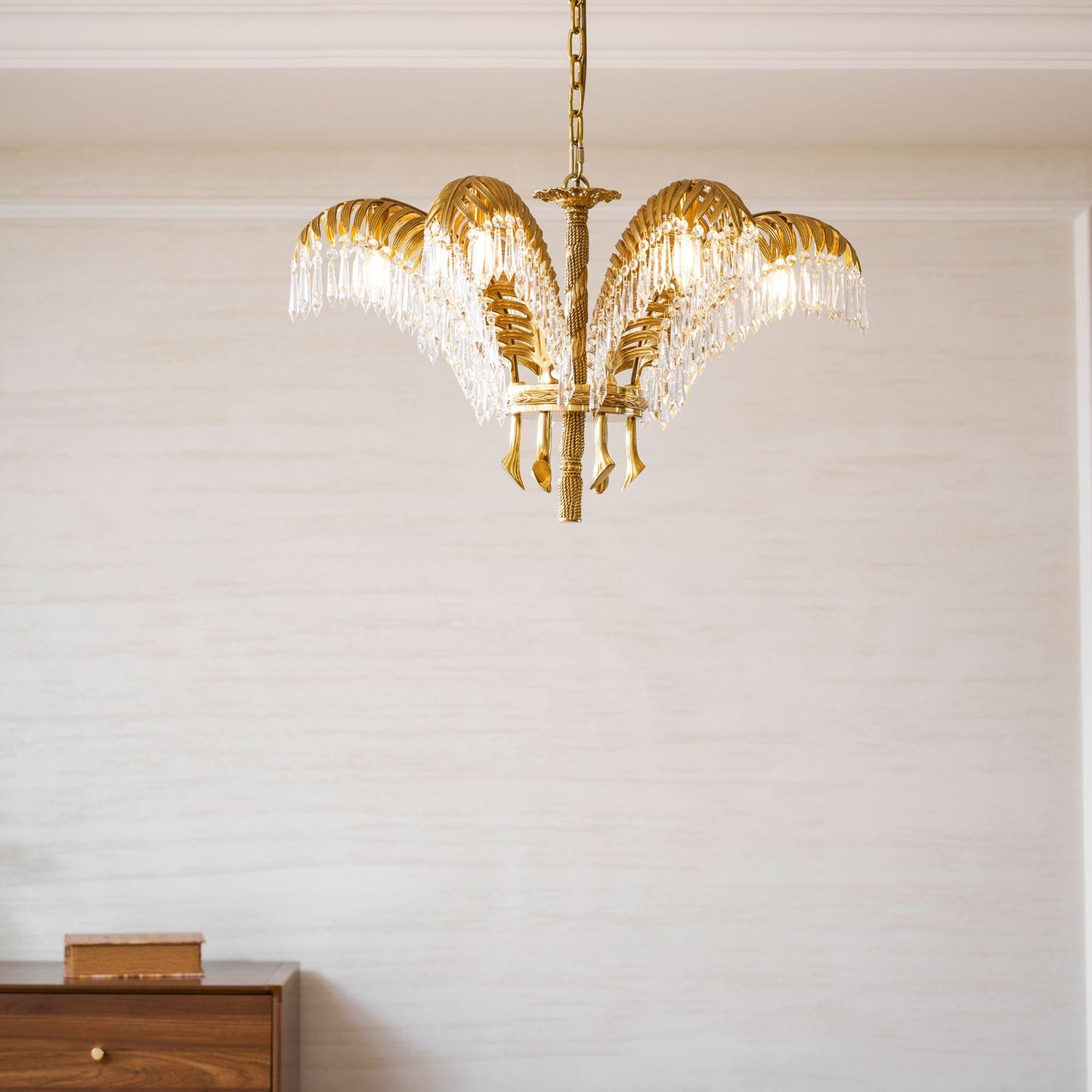 Elegant Brass Palm Leaf Crystal Chandelier with Adjustable Height & Di