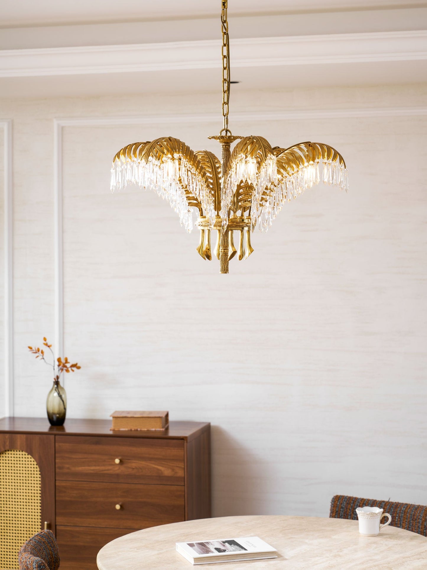 Elegant Brass Palm Leaf Crystal Chandelier with Adjustable Height & Di