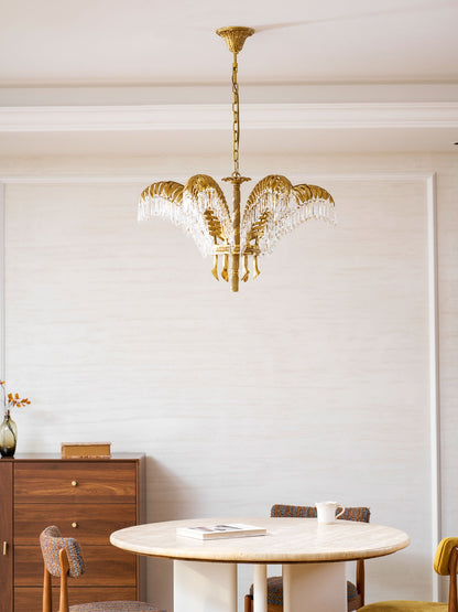 Elegant Brass Palm Leaf Crystal Chandelier with Adjustable Height & Di