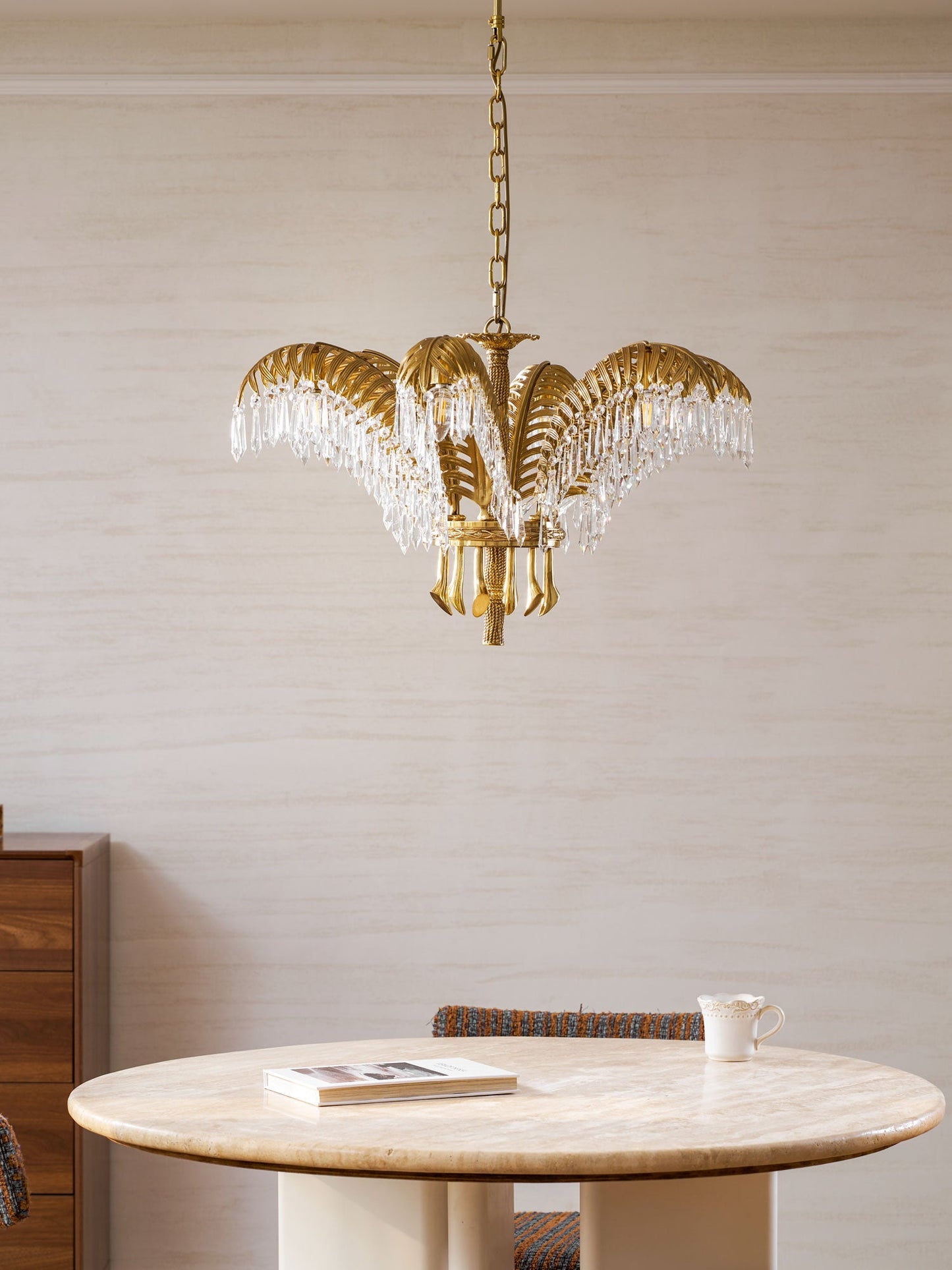 Elegant Brass Palm Leaf Crystal Chandelier with Adjustable Height & Di