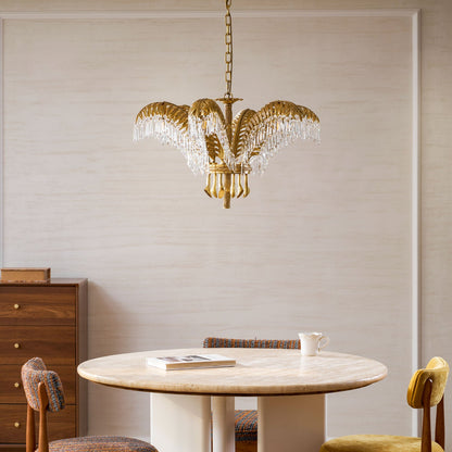 Elegant Brass Palm Leaf Crystal Chandelier with Adjustable Height & Di